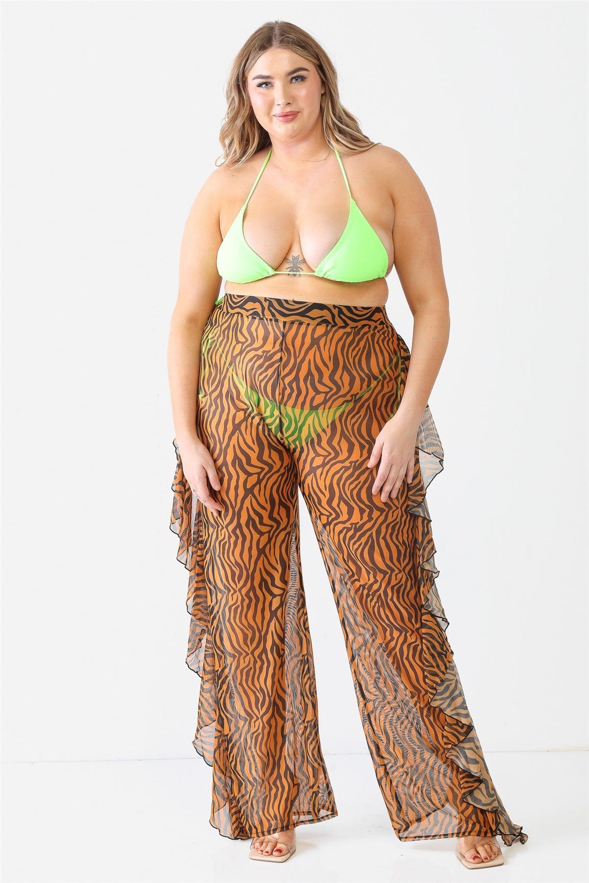 Orange Combo Tiger Animal Print Mesh Sheer High Waist Sexy Ruffle Pants
