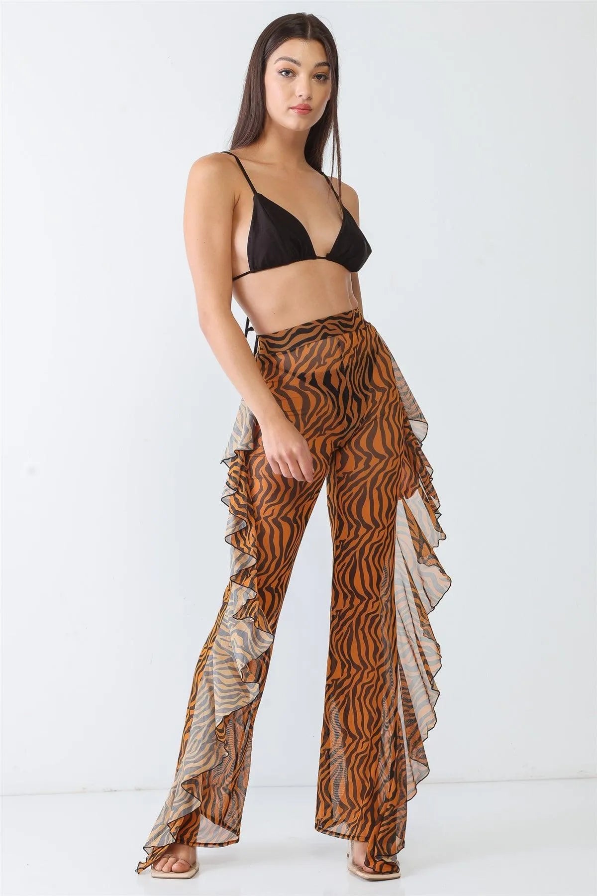 Tiger Animal Print Mesh High Waist Sexy Ruffle Pants - Tasha Apparel Wholesale