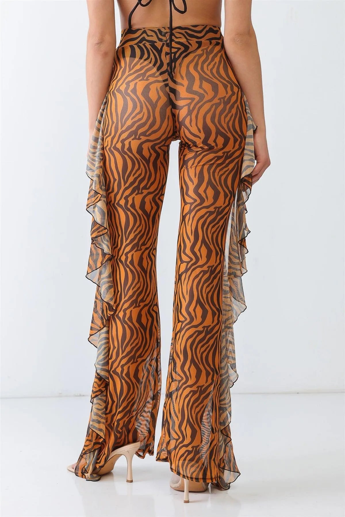 Tiger Animal Print Mesh High Waist Sexy Ruffle Pants - Tasha Apparel Wholesale
