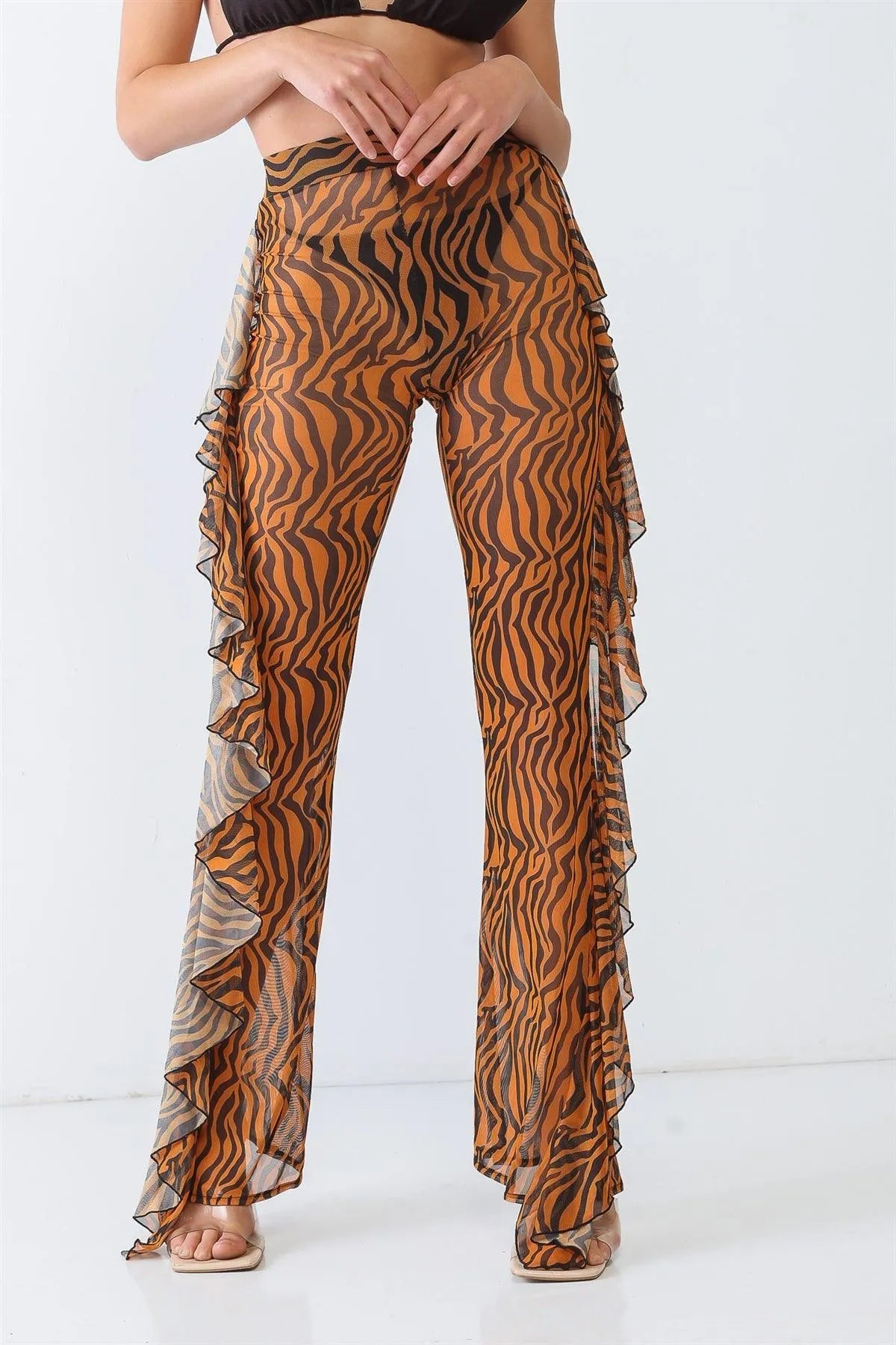Tiger Animal Print Mesh High Waist Sexy Ruffle Pants - Tasha Apparel Wholesale