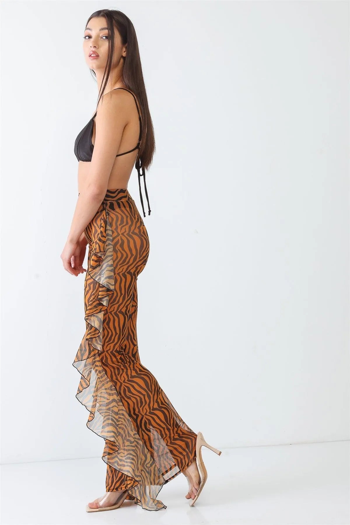 Tiger Animal Print Mesh High Waist Sexy Ruffle Pants - Tasha Apparel Wholesale