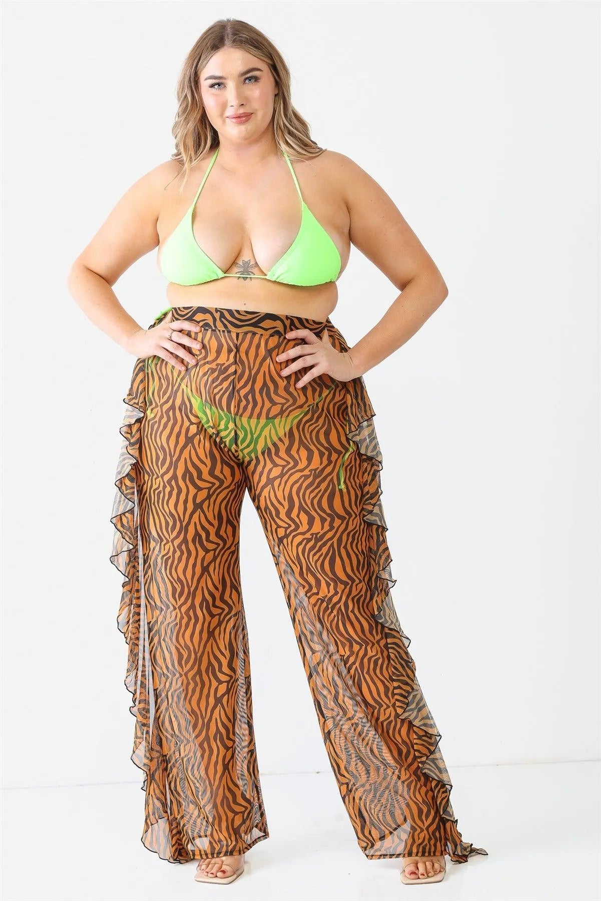 Tiger Animal Print Mesh High Waist Sexy Ruffle Pants - Tasha Apparel Wholesale