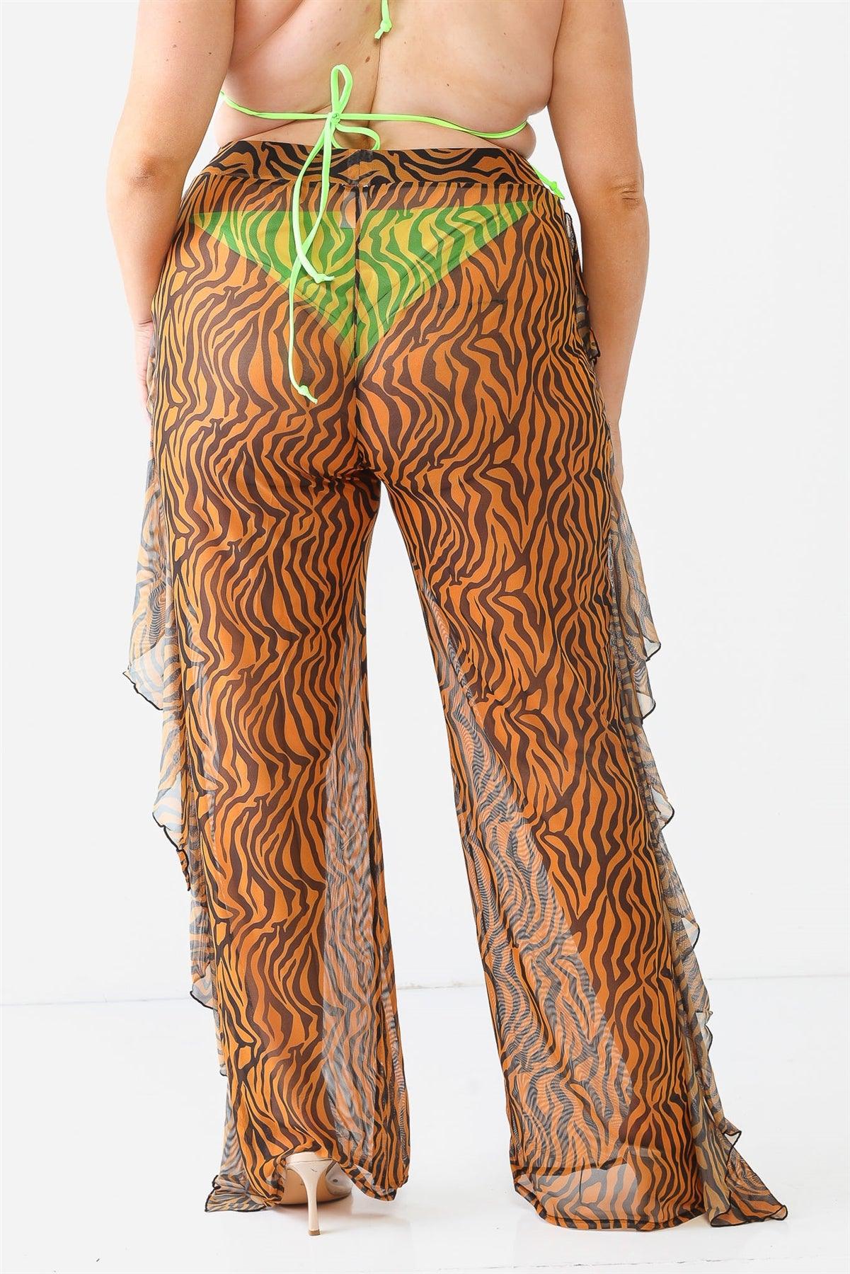 Orange Combo Tiger Animal Print Mesh Sheer High Waist Sexy Ruffle Pants