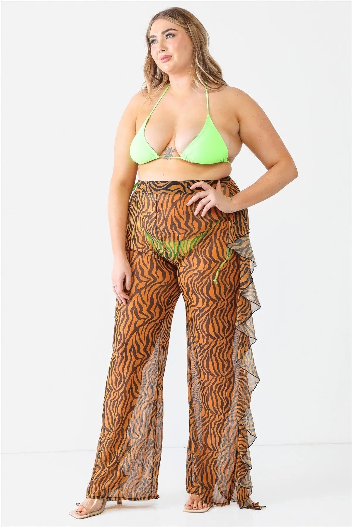 Tiger Animal Print Mesh High Waist Sexy Ruffle Pants - Tasha Apparel Wholesale