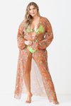 Plus Size Multicolor Paisley Open Front Long Sleeve Kimono Cover Up