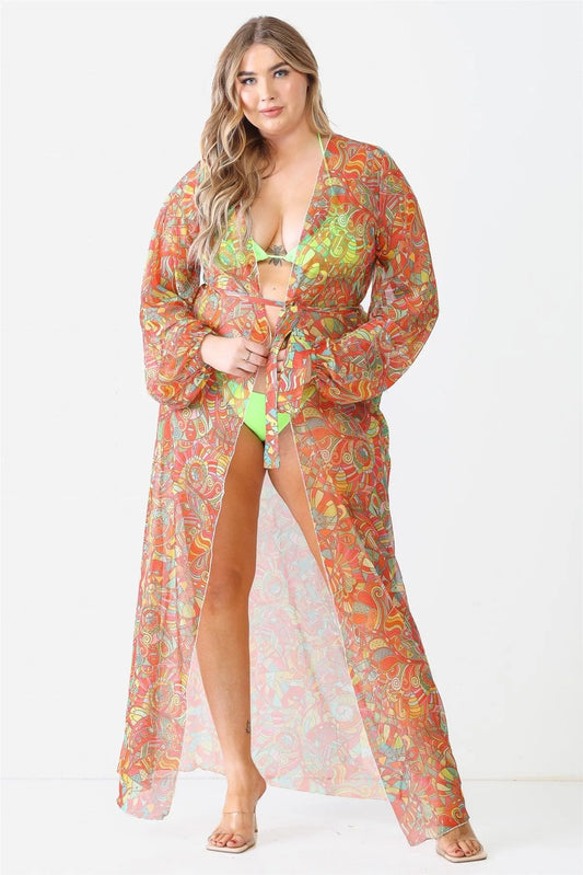 Junior Plus Multicolor Paisley Open Front Long Sleeve Kimono / Cover Up - Tasha Apparel Wholesale