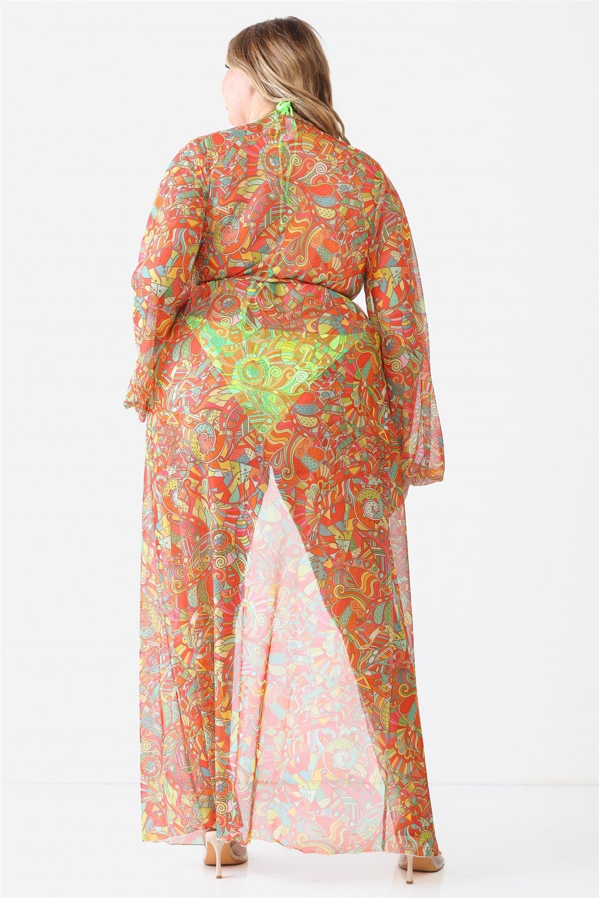 Junior Plus Multicolor Paisley Open Front Long Sleeve Kimono / Cover Up