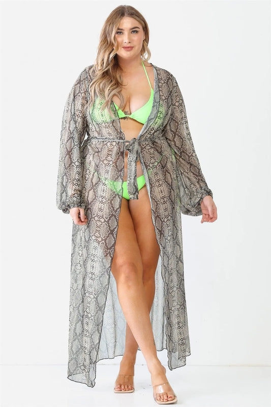 Junior Plus Snake Print Open Front Long Sleeve Kimono / Cover Up - Tasha Apparel Wholesale