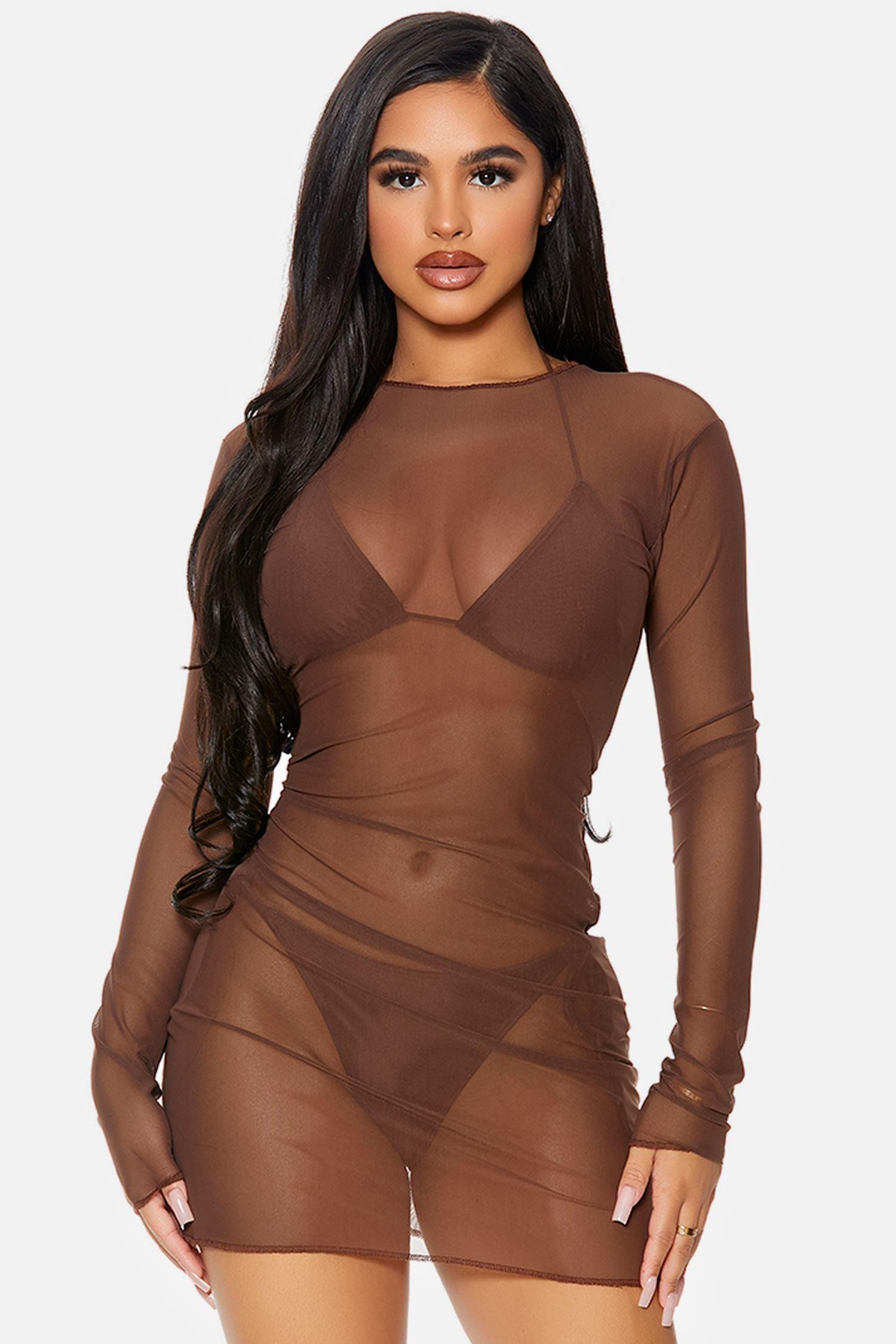 Chocolate Brown Cover Me Long Sleeve Mesh Sheer Pool Swimwear Coverup Mini Dress