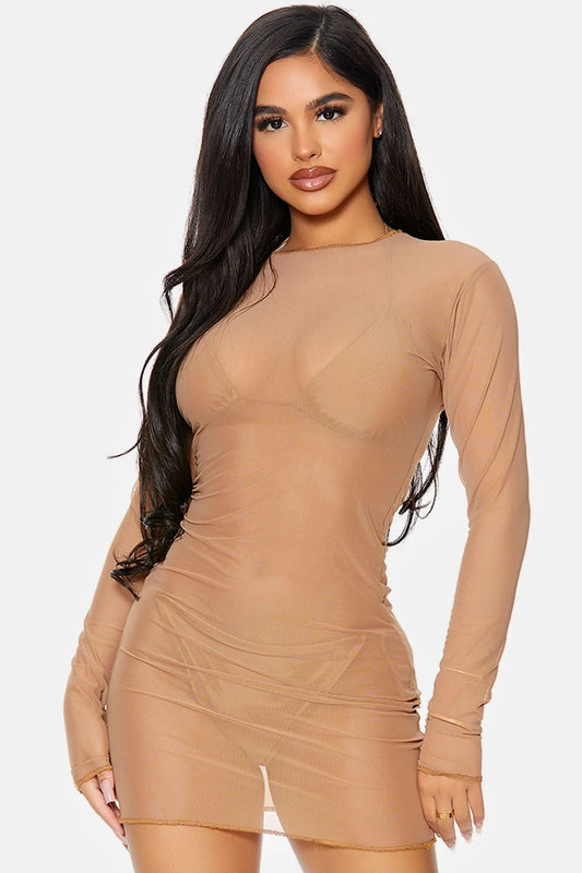 Mocha Cover Me Long Sleeve Mesh Sheer Pool Swimwear Coverup Mini Dress - Tasha Apparel Wholesale