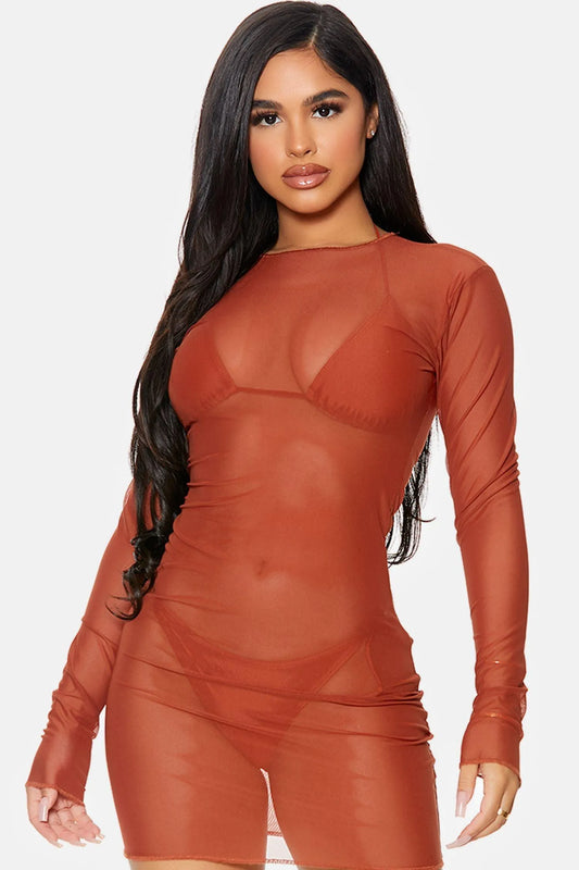 Rust Cover Me Long Sleeve Mesh Sheer Pool Swimwear Coverup Mini Dress - Tasha Apparel Wholesale