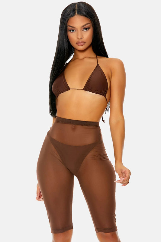 Brown Cover-up Sheer Biker Swimwear High Waist Shorts - Tasha Apparel Wholesale