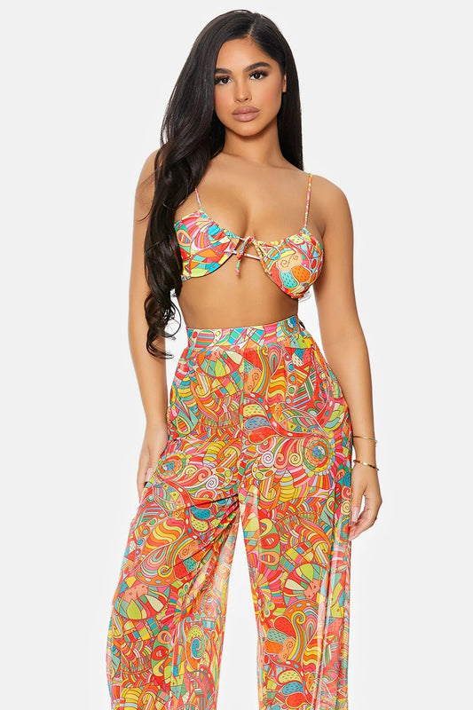 Multi Kaleidoscope Coverup Mesh Sheer Pool Swimwear High Waist Bottom Pants - Tasha Apparel Wholesale