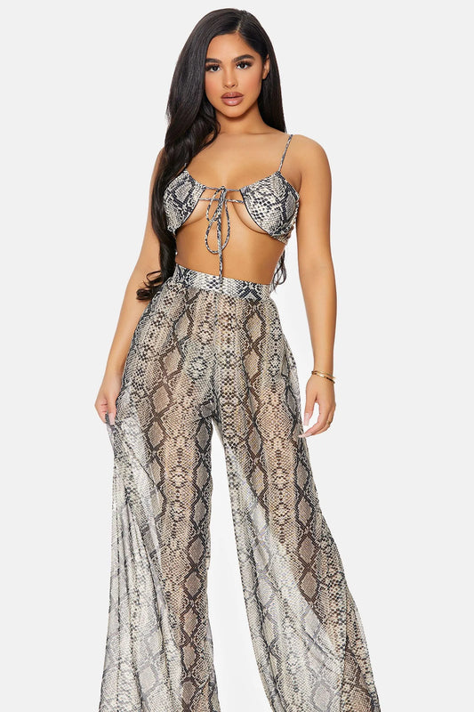 Reptile Snake Print Coverup Mesh Sheer Pool Swimwear High Waist Bottom Pants - Tasha Apparel Wholesale
