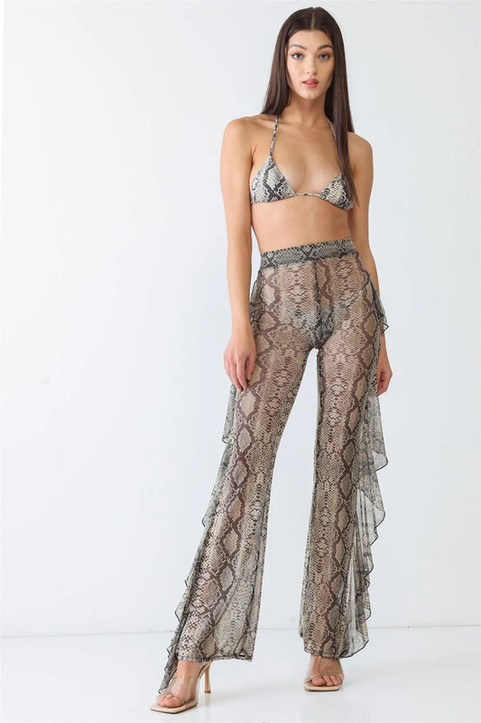 Reptile Sexy Triangle Bikini Swimsuit Set Cover-Up Ruffle Pants / 3 Piece Set - Tasha Apparel Wholesale