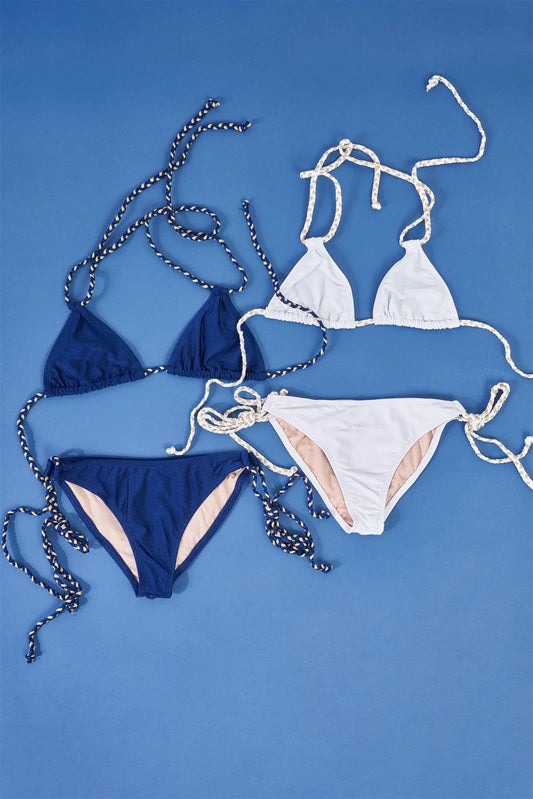 White Self-Tie Triangle Bikini Top & Side Self-Tie Gold Braid Bikini Bottom Swimsuit - Tasha Apparel Wholesale
