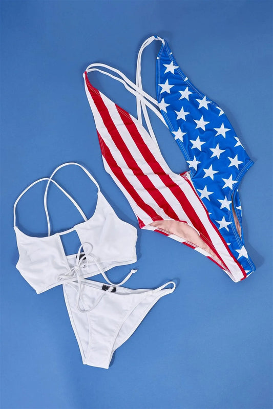 American Flag Deep V-Neck With Zip High-Leg Double Criss-Cross Strap One-Piece Sexy Swimsuit - Tasha Apparel Wholesale