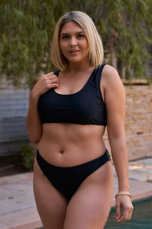 Junior Plus Black Minimalistic Sleeveless Sports Top & High Waist Bottom Two-Piece Bikini Suit /4-2 - Tasha Apparel Wholesale