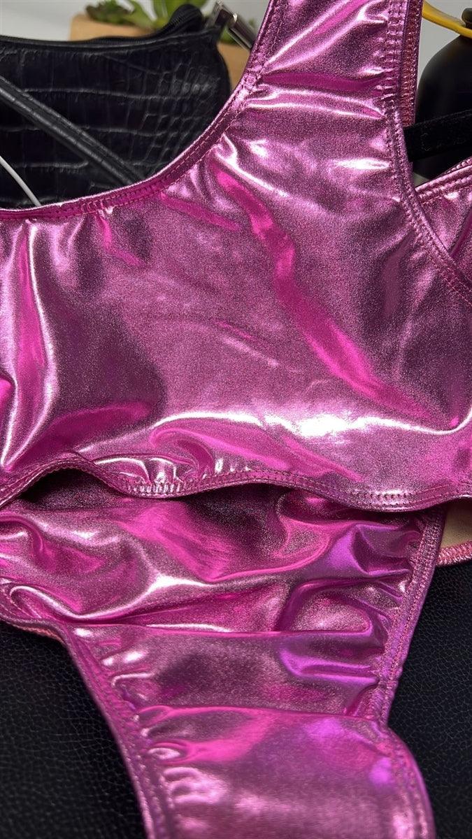 Metallic Hot Pink Sport Bra & High Waist Bikini Swimwear Two-Piece Set /3-1-2-2