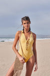 Gold V-Neck Front Lace-Up High-Leg Criss-Cross Back Detail One-Piece Swimsuit