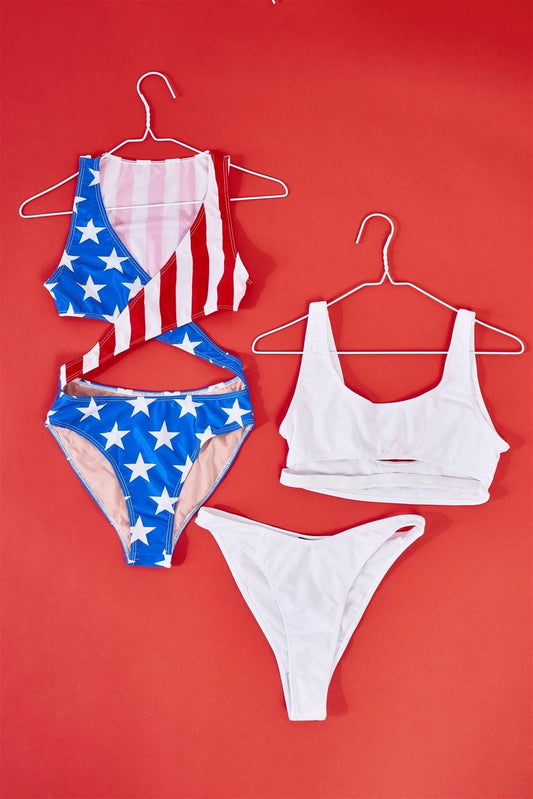 American Girl Flag Print Criss-Cross Front V-Neck Cut-Out Detail Open Back One-Piece Swimsuit - Tasha Apparel Wholesale