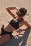 Black Lace-Up V-Neck Criss-Cross Double Strap Back Top & Self-Tie Sides Bottom Bikini Set - Tasha Apparel Wholesale