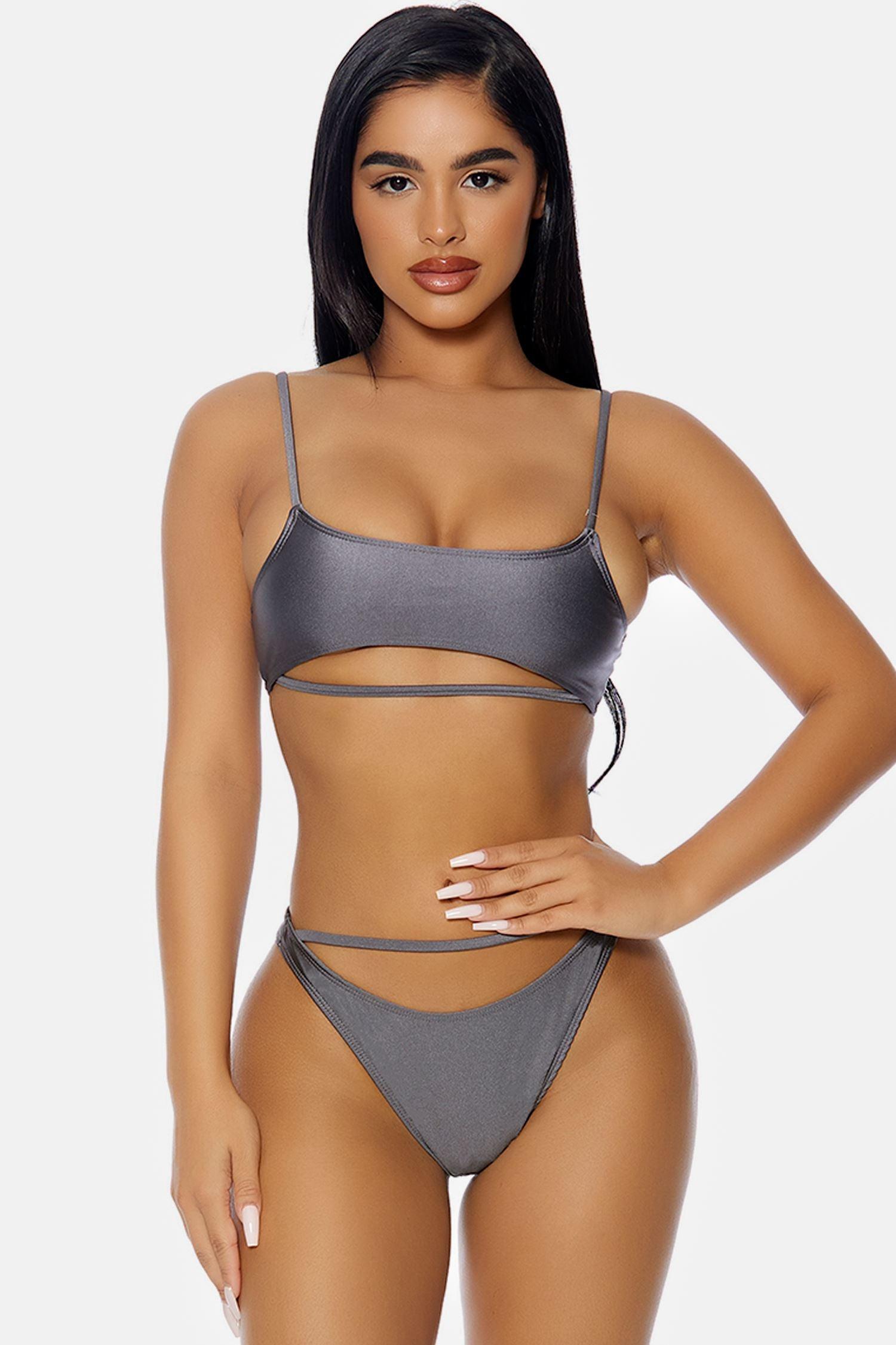Gray Sporty Under-Boob Strap High-cut Bottoms with High Waist Strap Bikini Swimwear 2 Piece Set