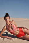 Orange & Snake Print Combo Halter V-Neck Cut-Out Front Open Back High-Leg One-Piece Swimsuit /2-2-2-2 - Tasha Apparel Wholesale