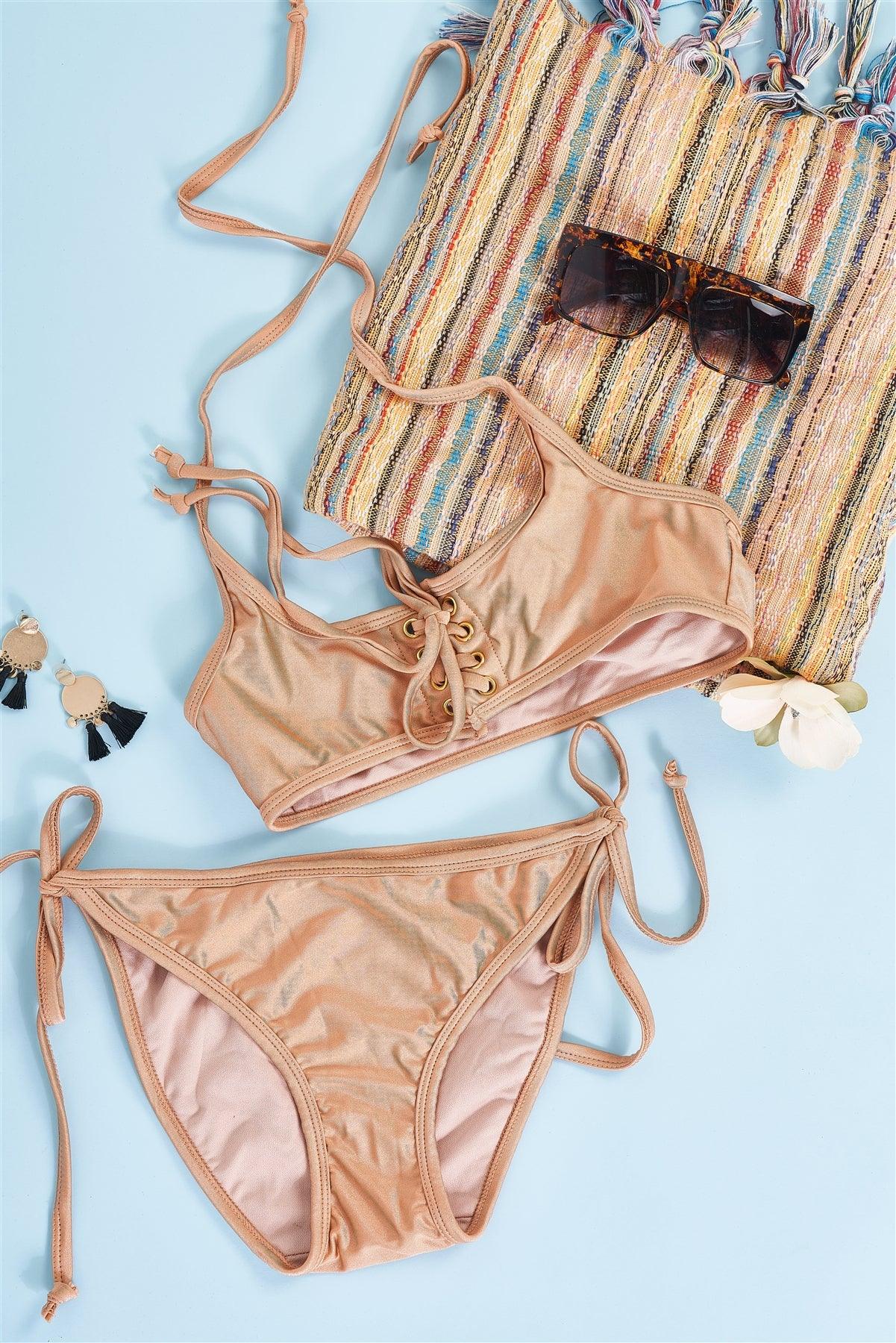 Butterscotch Self-Tie Halter Neck Corset Lace-Up Front Detail Top & Self-Tie Bottom Bikini Set /2-2-1-1