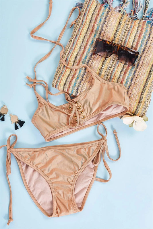 Butterscotch Self-Tie Halter Neck Corset Lace-Up Front Detail Top & Self-Tie Bottom Bikini Set /2-2-1-1 - Tasha Apparel Wholesale