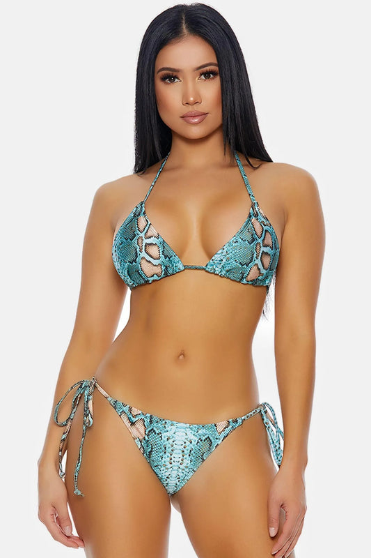 Turquoise Multi Snake Print Triangle Top Tie-Side Bottoms Bikini Swimwear 2 Piece Set - Tasha Apparel Wholesale