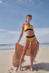 Mustard & Black Round Neck Elasticated Ribbed Detail Tank Top & High-Waisted High-Leg Black Waist Detail Cheeky Bottom Two-Piece Swimsuit /2-2-1-1
