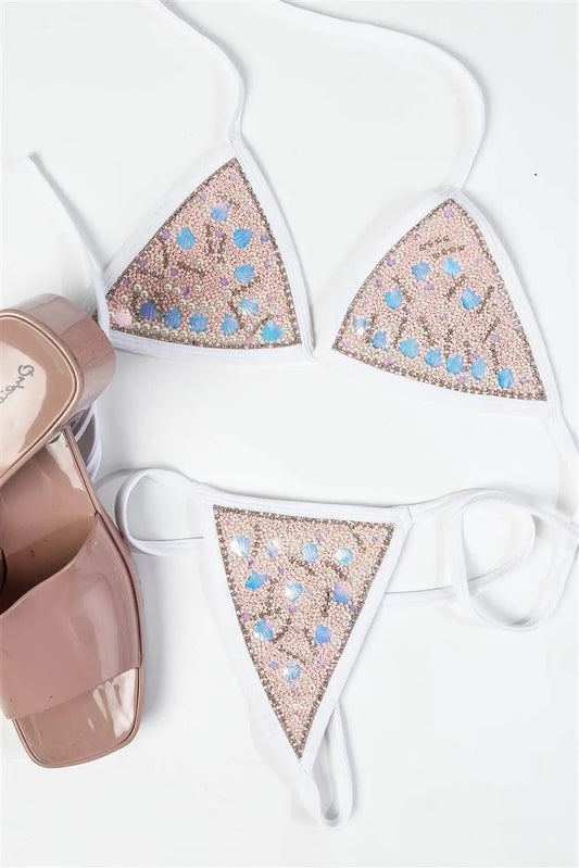 Coral Embroidery Halter Triangle Top & Thong Swimsuit - Tasha Apparel Wholesale