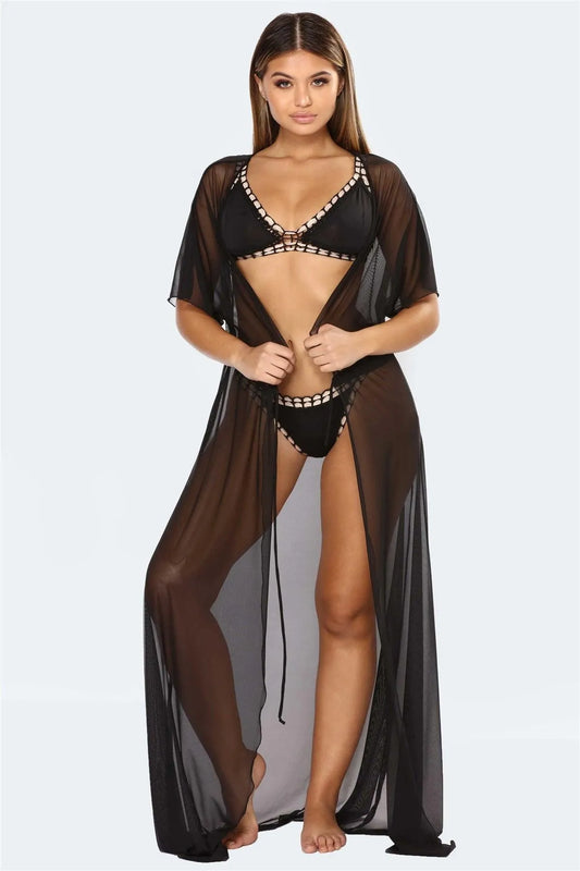 Black Sheer Mesh Midi Sleeve Drawstring Waist Maxi Kimono Cover Up - Tasha Apparel Wholesale