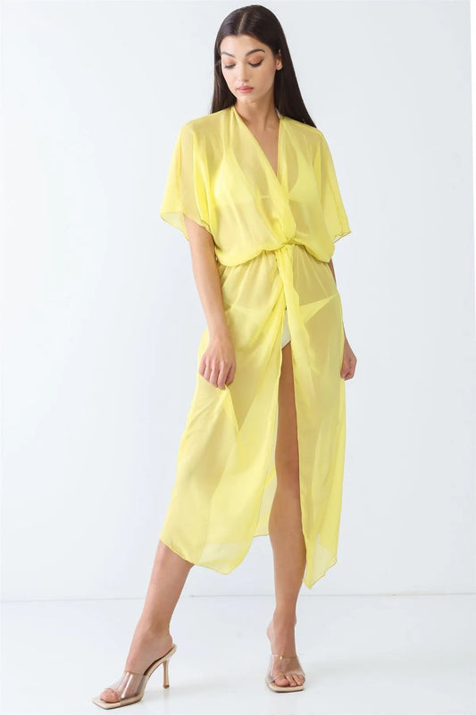 Yellow Mesh Twist V-Neck Dolman Short Sleeve Front Slit Kimono/Cover Up - Tasha Apparel Wholesale