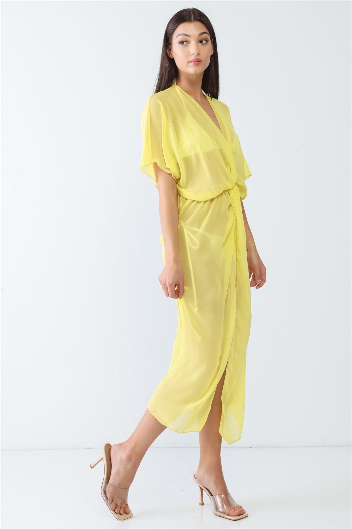 Yellow Mesh Twist V-Neck Dolman Short Sleeve Front Slit Kimono/Cover Up