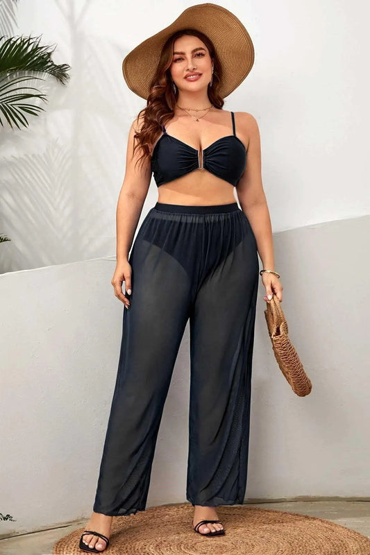 Plus Size Sheer Ruched Elastic Waist Wide Leg Beach Swimwear Cover Up Pants - Tasha Apparel Wholesale