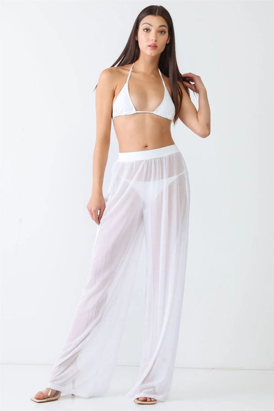 White Mesh Sheer Ruched High Waist Flow Elastic Waist Wide Leg Beach Swimwear Cover Up Pants - Tasha Apparel Wholesale