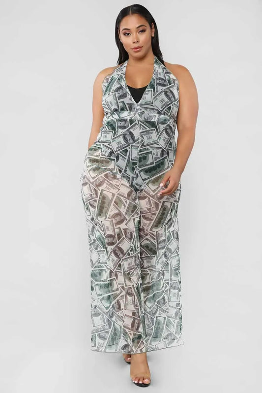 Green Money Dolla Signs Print V-Neck Sleeveless Wide Leg Sheer Jumpsuit Cover Up - Tasha Apparel Wholesale