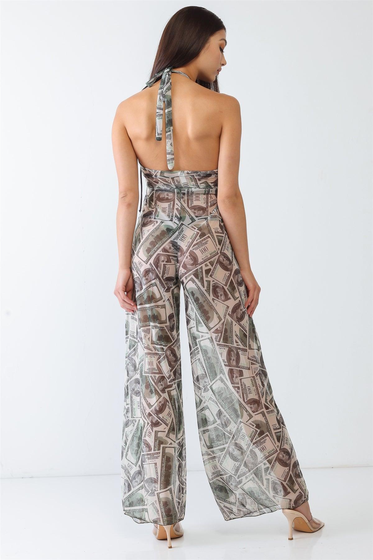 Green Money Dolla Signs Print V-Neck Sleeveless Wide Leg Sheer Jumpsuit Cover Up