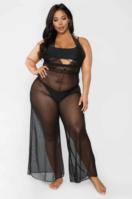 Black V-Neck Sleeveless Wide Leg Sheer Jumpsuit Cover Up - Tasha Apparel Wholesale