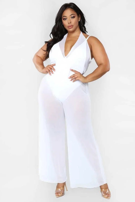 White V-Neck Sleeveless Wide Leg Sheer Jumpsuit Cover Up - Tasha Apparel Wholesale