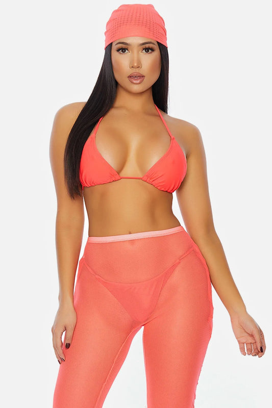 Coral Tie-Top Triangle Tie-Side Bottoms Mesh Biker Shorts & Headwrap Ocean Bikini Swimwear 4 Piece Set - Tasha Apparel Wholesale