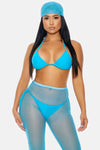 Turquoise Tie-Top Triangle Tie-Side Bottoms Mesh Biker Shorts & Headwrap Ocean Bikini Swimwear 4 Piece Set