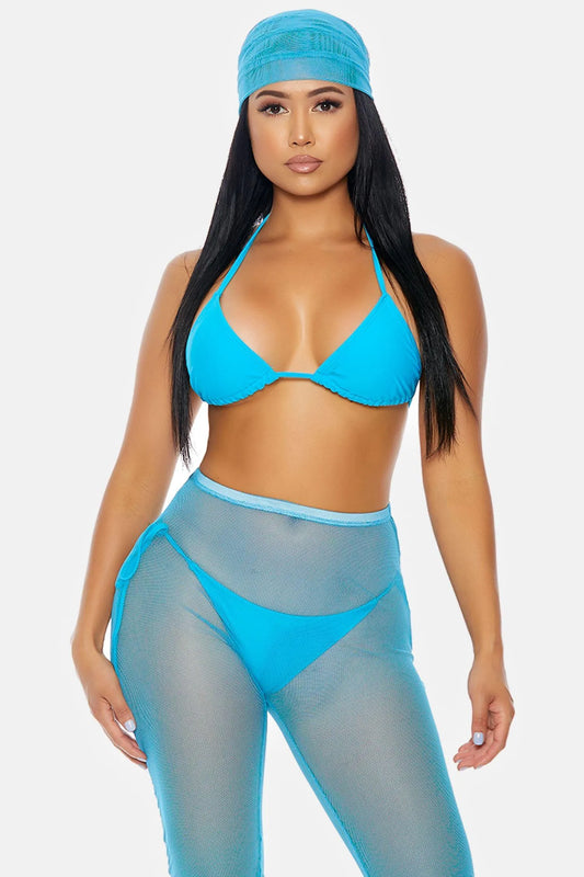 Turquoise Tie-Top Triangle Tie-Side Bottoms Mesh Biker Shorts & Headwrap Ocean Bikini Swimwear 4 Piece Set - Tasha Apparel Wholesale