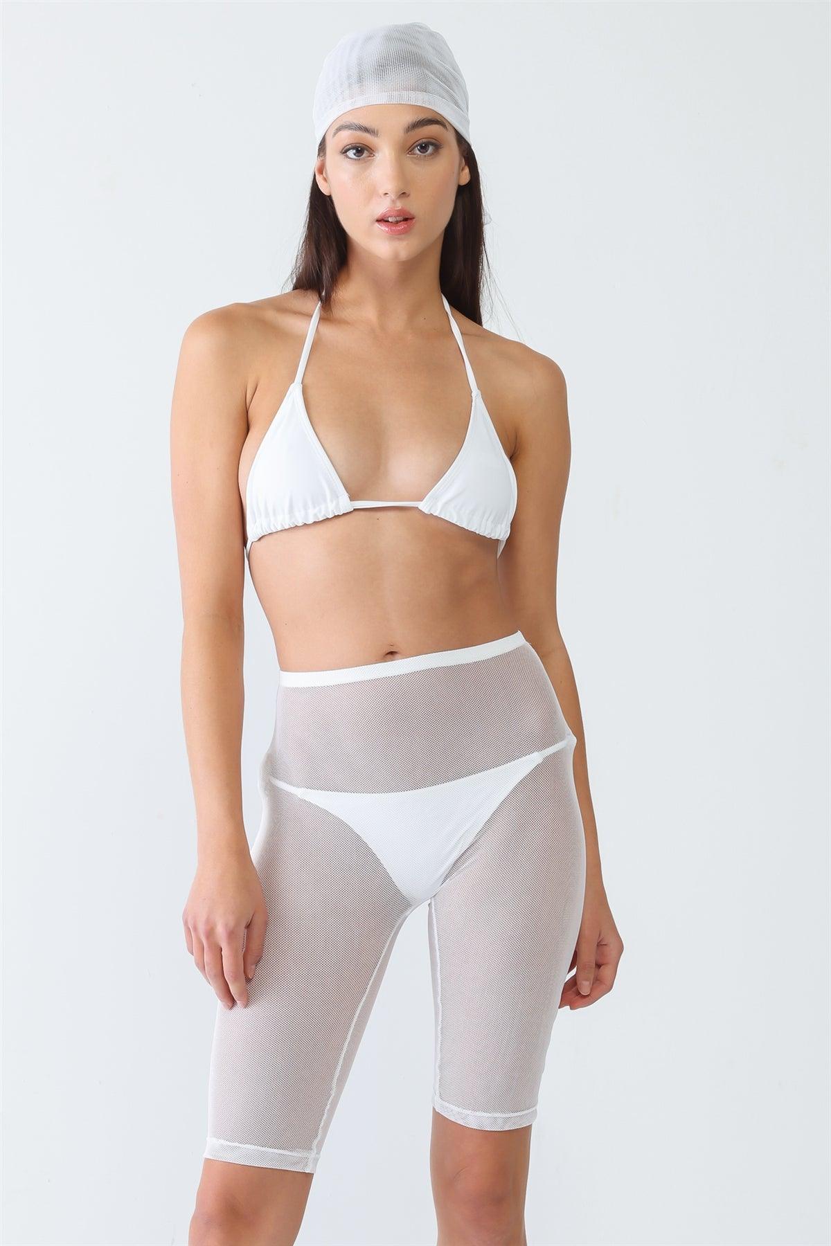 White Triangle Shape Self-Tie Top & Self-Tie Sides Bottom Bikini & Mesh Shorts & Headscarf /Four Piece Set
