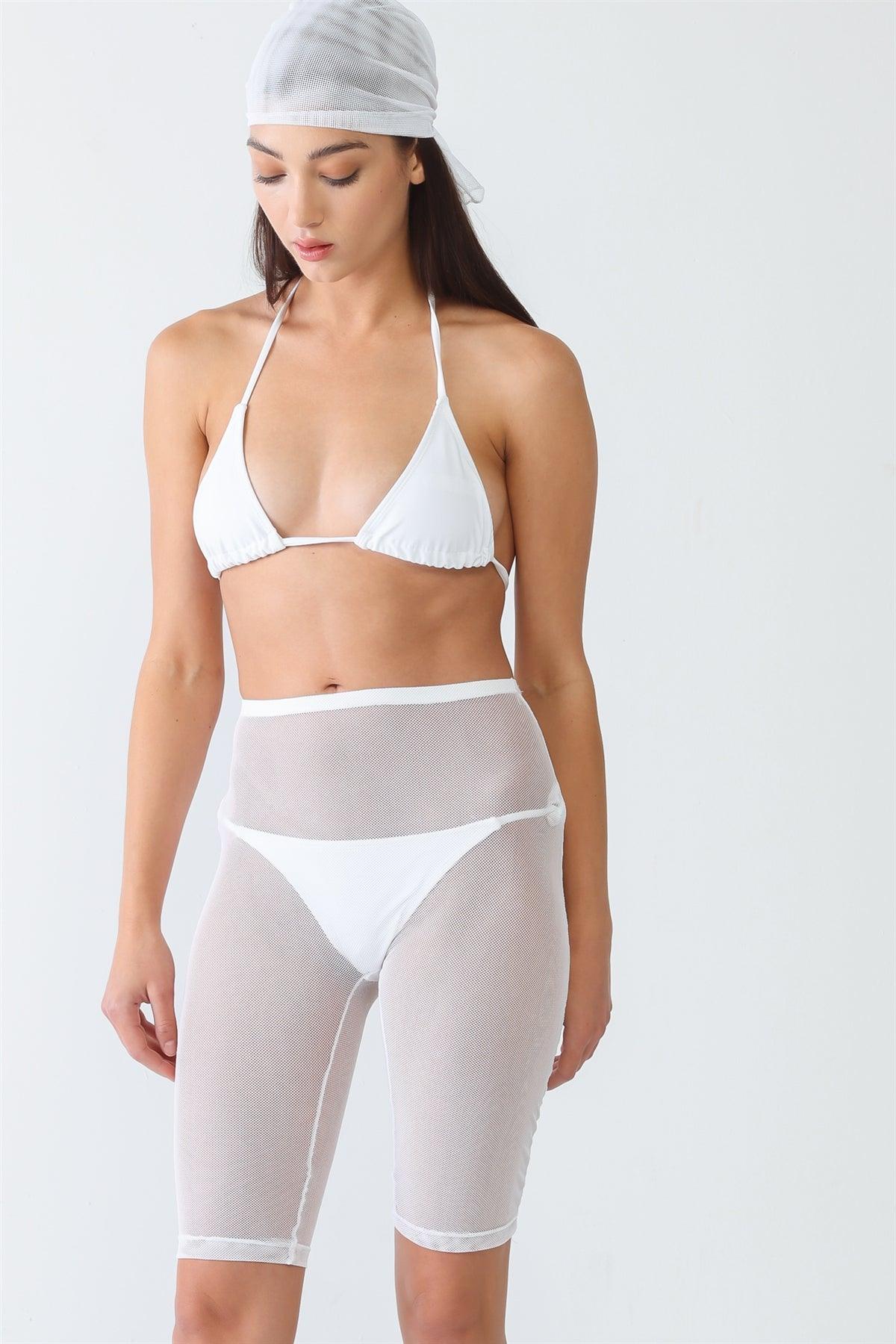 White Triangle Shape Self-Tie Top & Self-Tie Sides Bottom Bikini & Mesh Shorts & Headscarf /Four Piece Set
