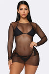 Black Triangle Top Self-Tie Bottom Bikini & Long Sleeve Mesh Coverup Mini Dress 3 Piece Set Swimwear