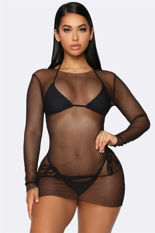 Triangle Top & Self-Tie Bottom Bikini With Mesh Coverup Mini Dress 3 Piece Set Swimwear - Tasha Apparel Wholesale