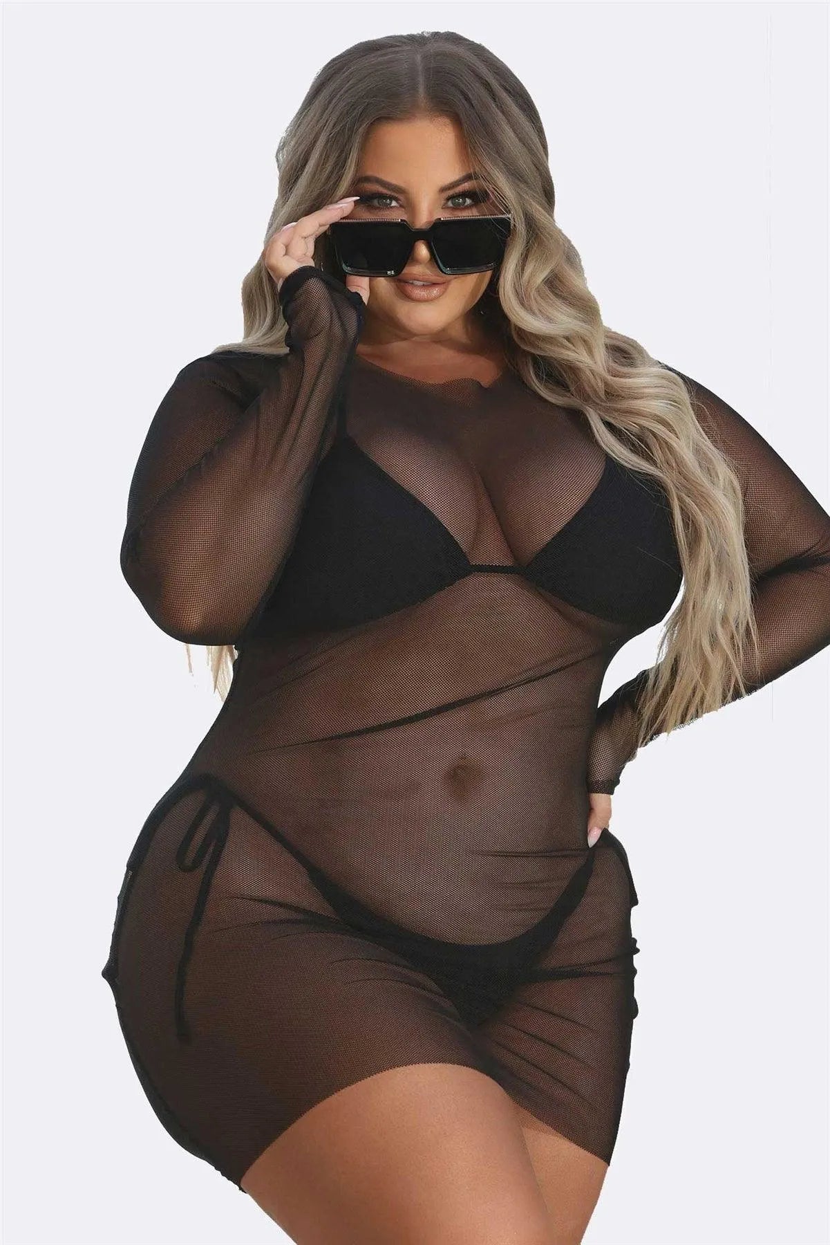 Triangle Top & Self-Tie Bottom Bikini With Mesh Coverup Mini Dress 3 Piece Set Swimwear - Tasha Apparel Wholesale